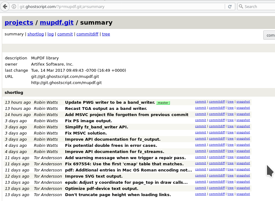 MuPDF repository screenshot showing recent developer activity.