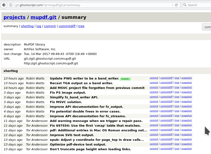 MuPDF Repository Screenshot MuPDF repository screenshot showing recent developer activity.