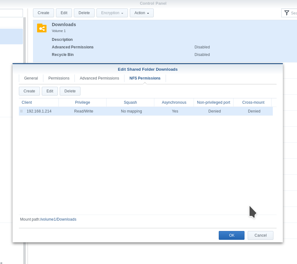 Synology Control Center - Edit Shared Folder Dialog Screenshot of editing a Synology shared folder in order to enable NFS
