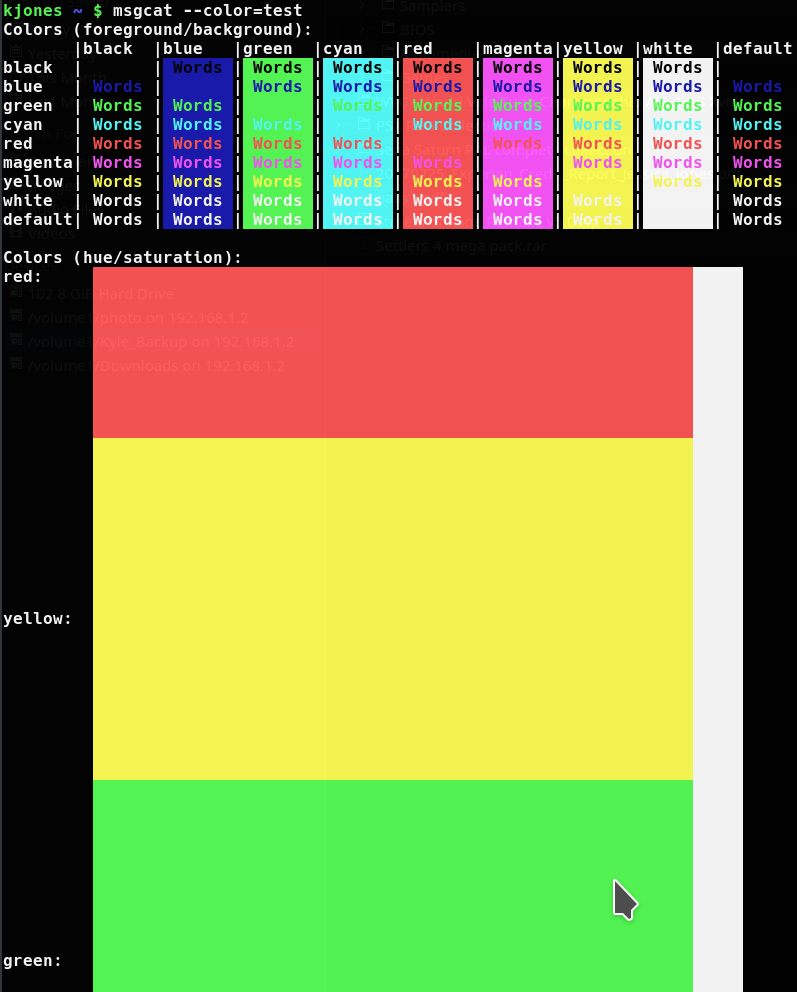 Screenshot of the msgcat --color=test command being run in Konsole on Kubuntu 16.10.